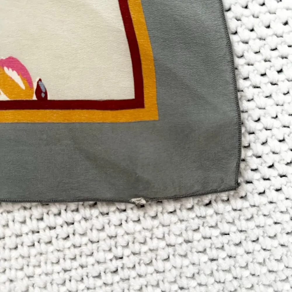 Christian Dior Vintage Grey Square Border Floral Diagonal Grid Silk Scarf Read